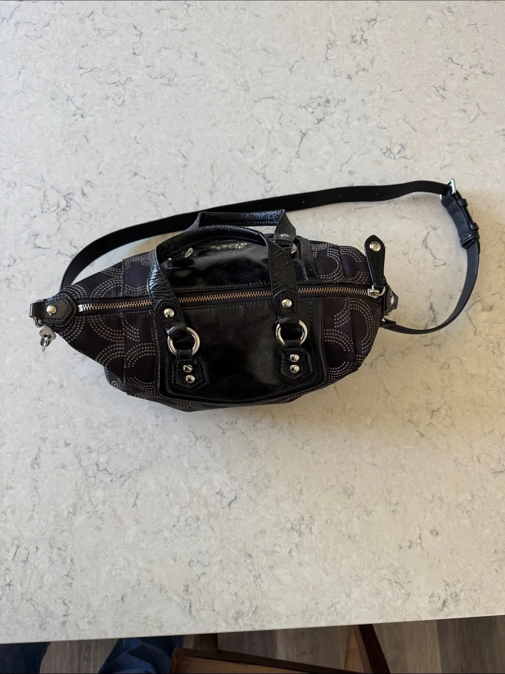 COACH Ashley Op Dot Black Signature Canvas Shoulder Satchel with Leather Trim